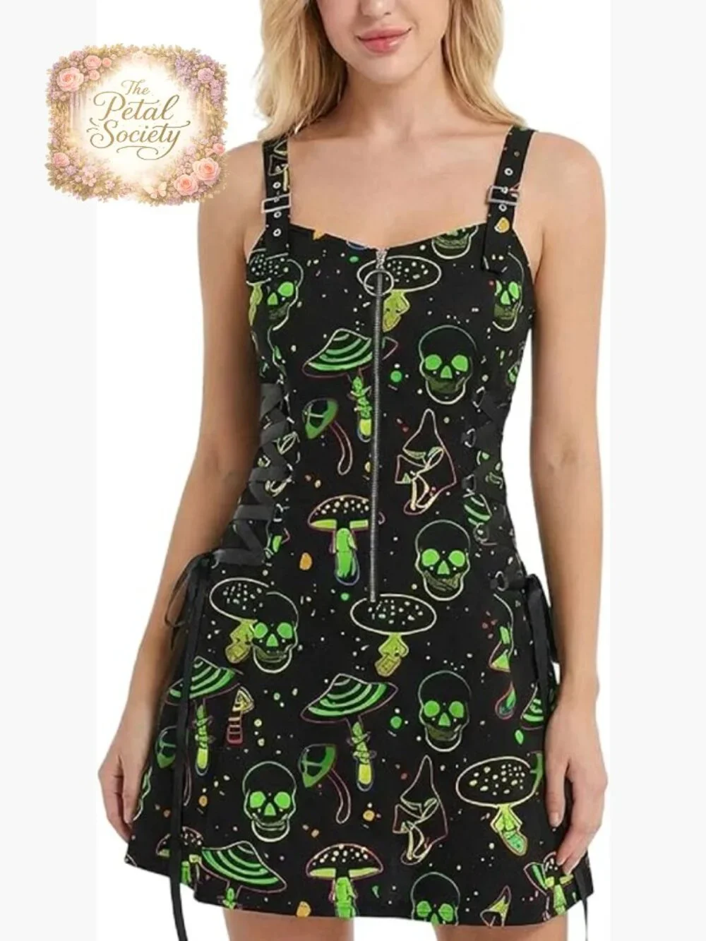Gothic Buckle Strap Mini Dress, Lace Up Zipper, A-Line Silhouette